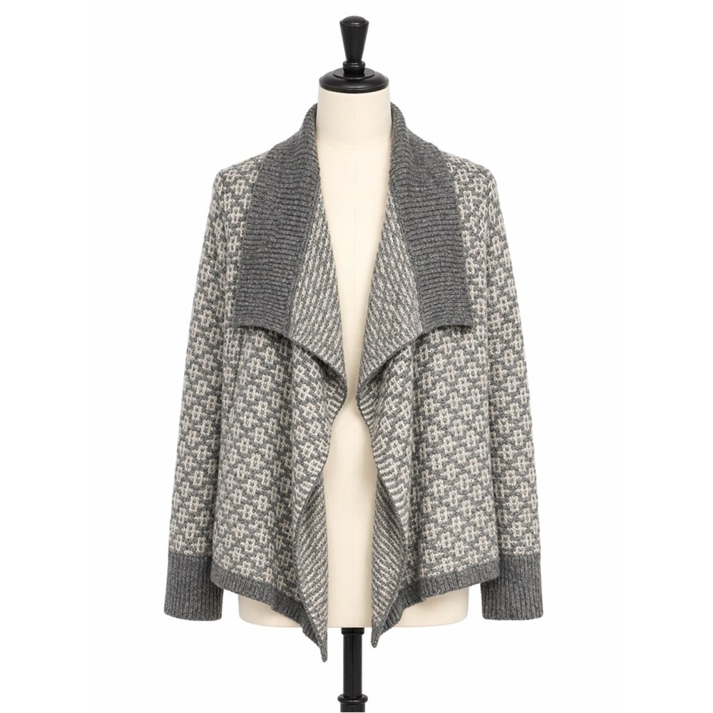 LOFT Draped Shawl Collar Cardigan Women Medium Grey White Wool Mohair Geometric